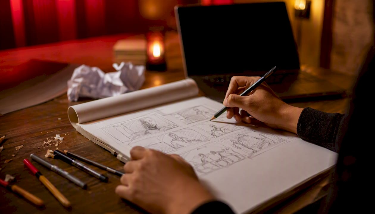 Hands sketching storyboard frames on paper