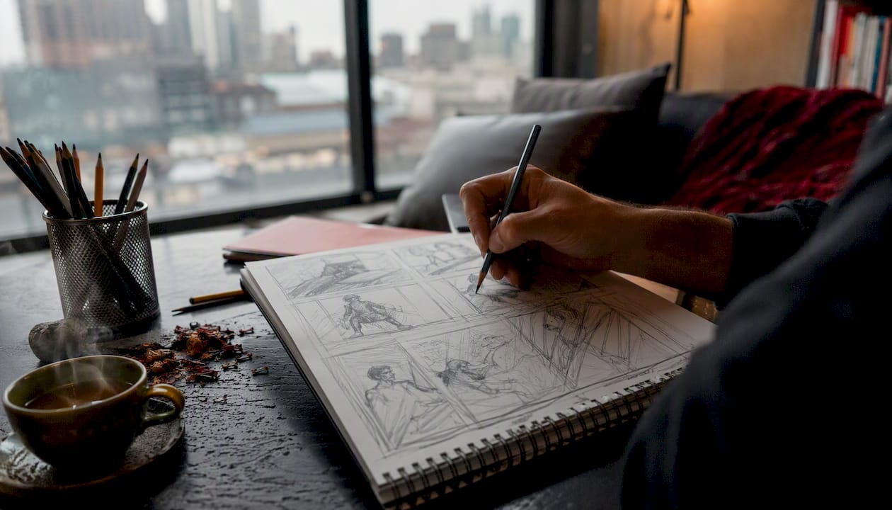 Artist hand sketching storyboard on paper