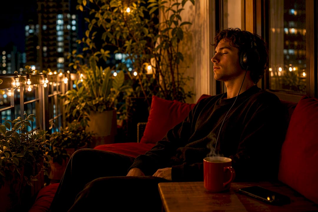 Person listening to music alone in dim room