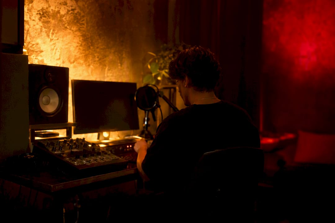 Warm amber and cool blue lighting on studio set