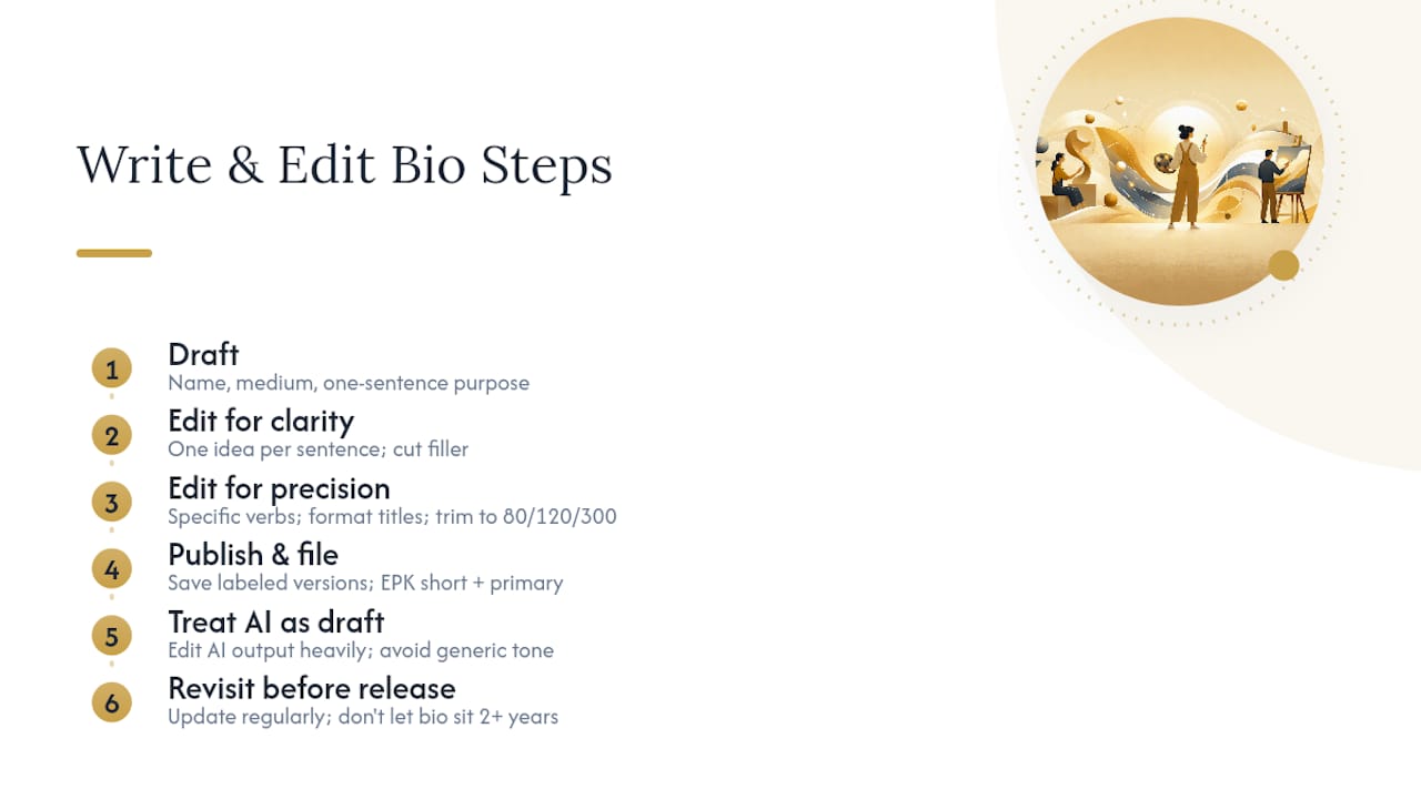 Step-by-step artist bio writing process diagram