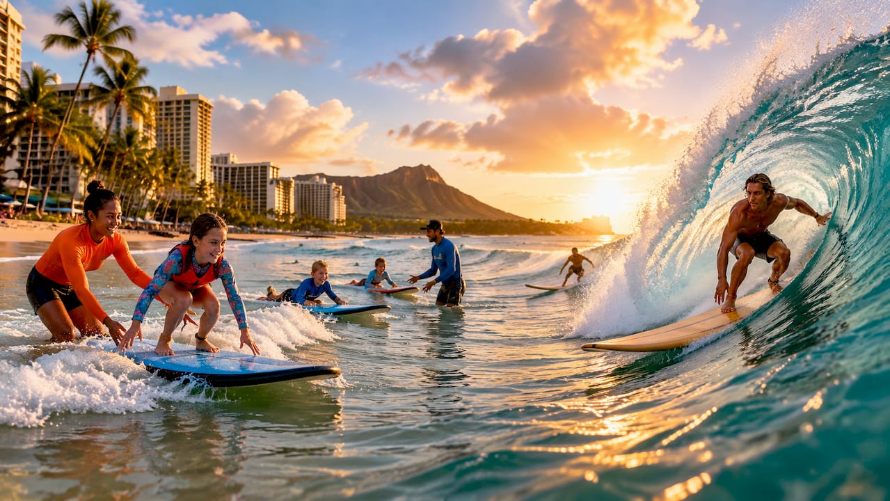 Contrasting Waikiki beginner surfers and North Shore big wave surfers