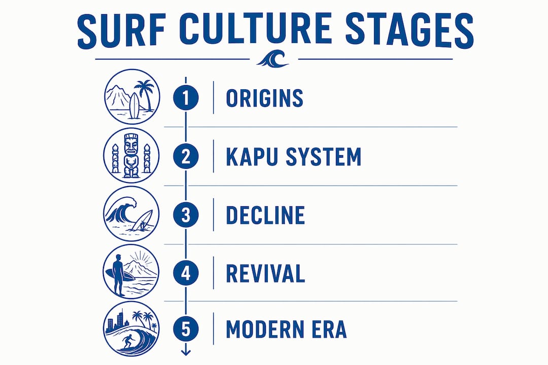 Infographic illustrating key stages in Hawaiian surf culture