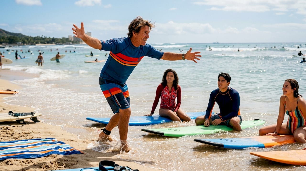 Surf instructor teaching beginners on shallow beach water