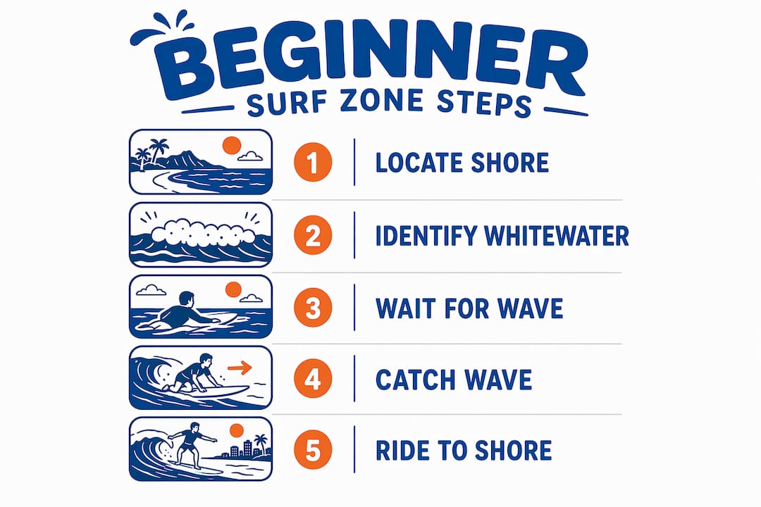Infographic outlining step-by-step beginner surf zone process