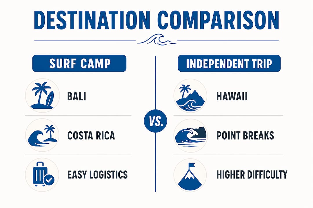 Infographic comparing surf trip destination types