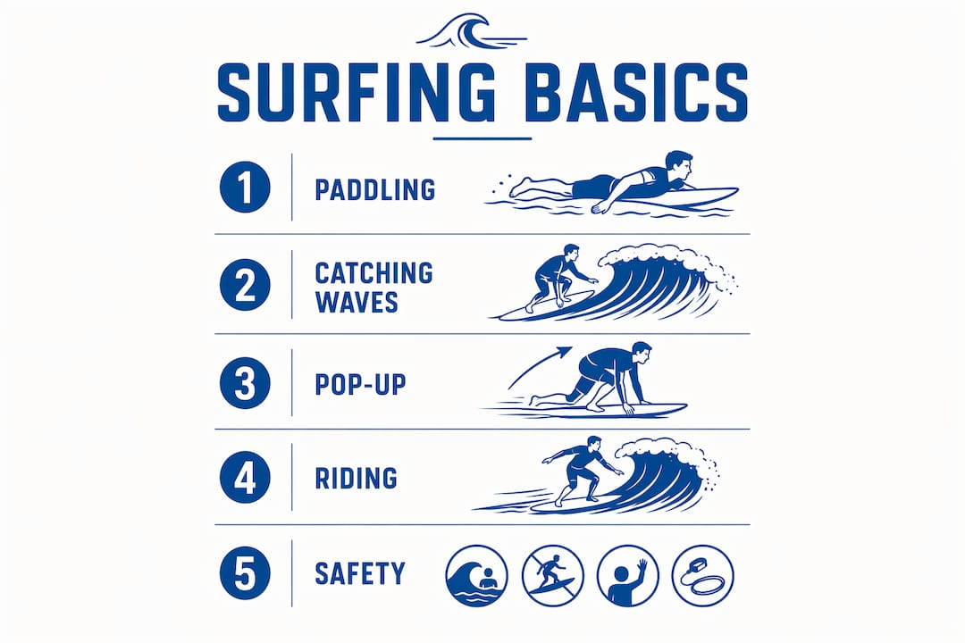 Infographic showing step-by-step surfing basics