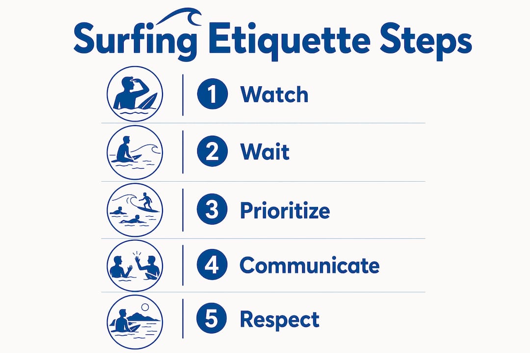Infographic illustrating five key surfing etiquette steps