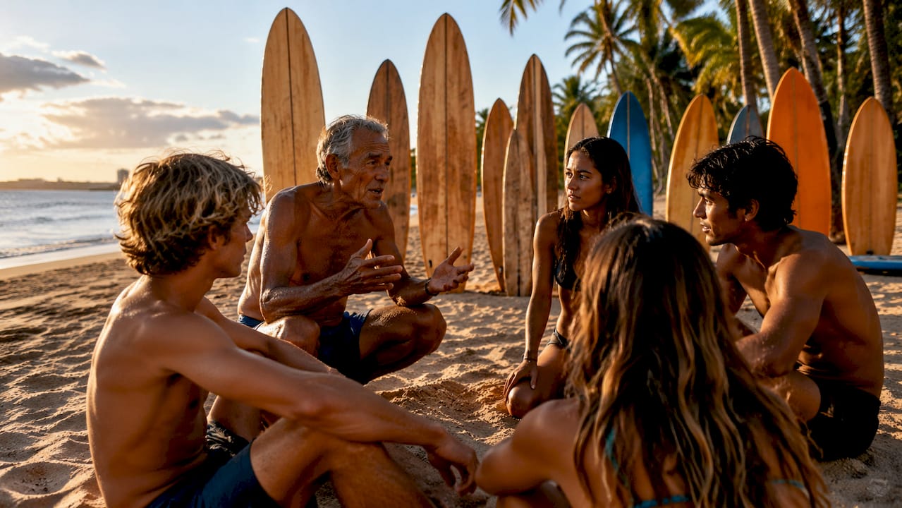 Duke Kahanamoku inspired storytelling on beach