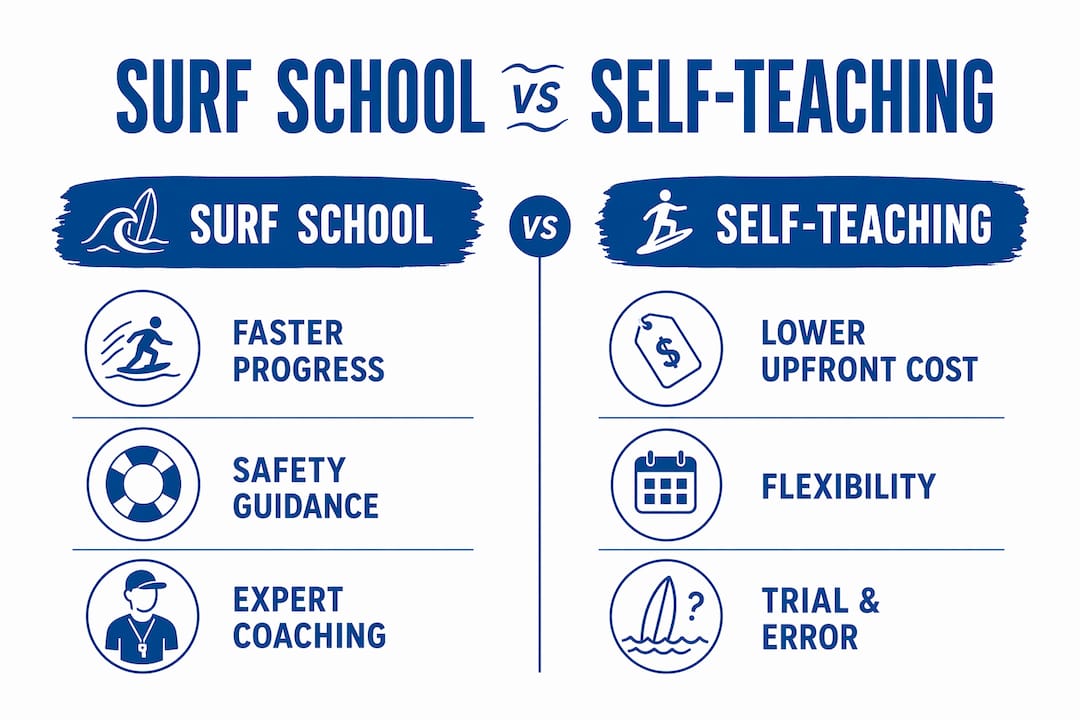 Infographic comparing surf school and self-teaching