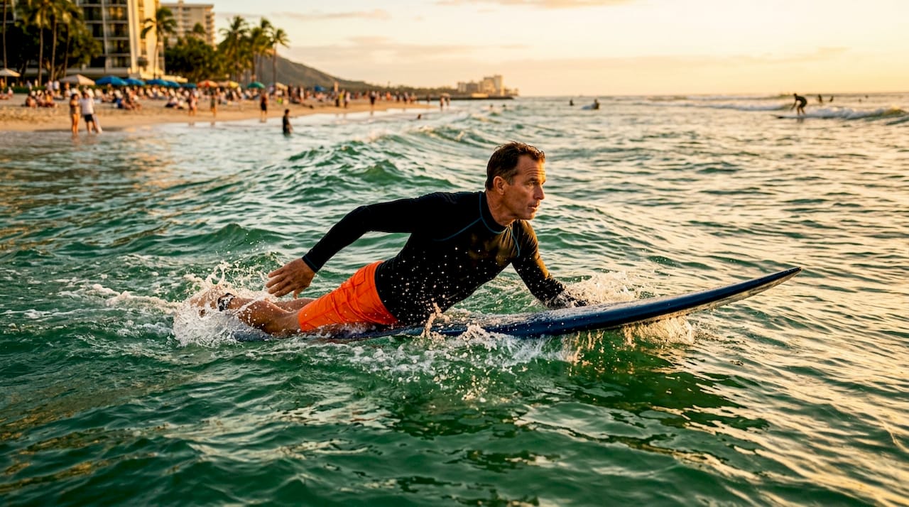 Man paddling on surfboard in ocean workout