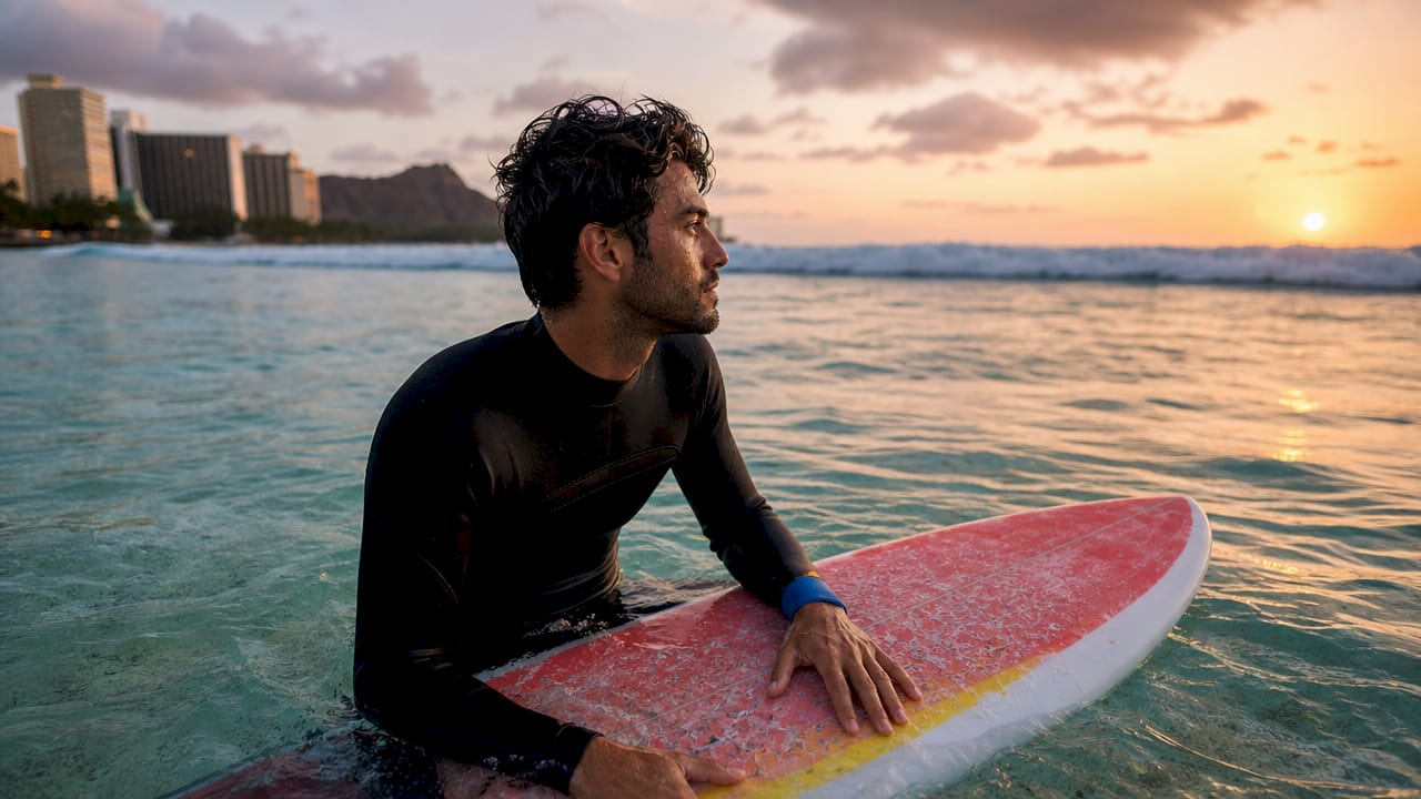 Surf Lessons Surfer vigilant watching waves for safety