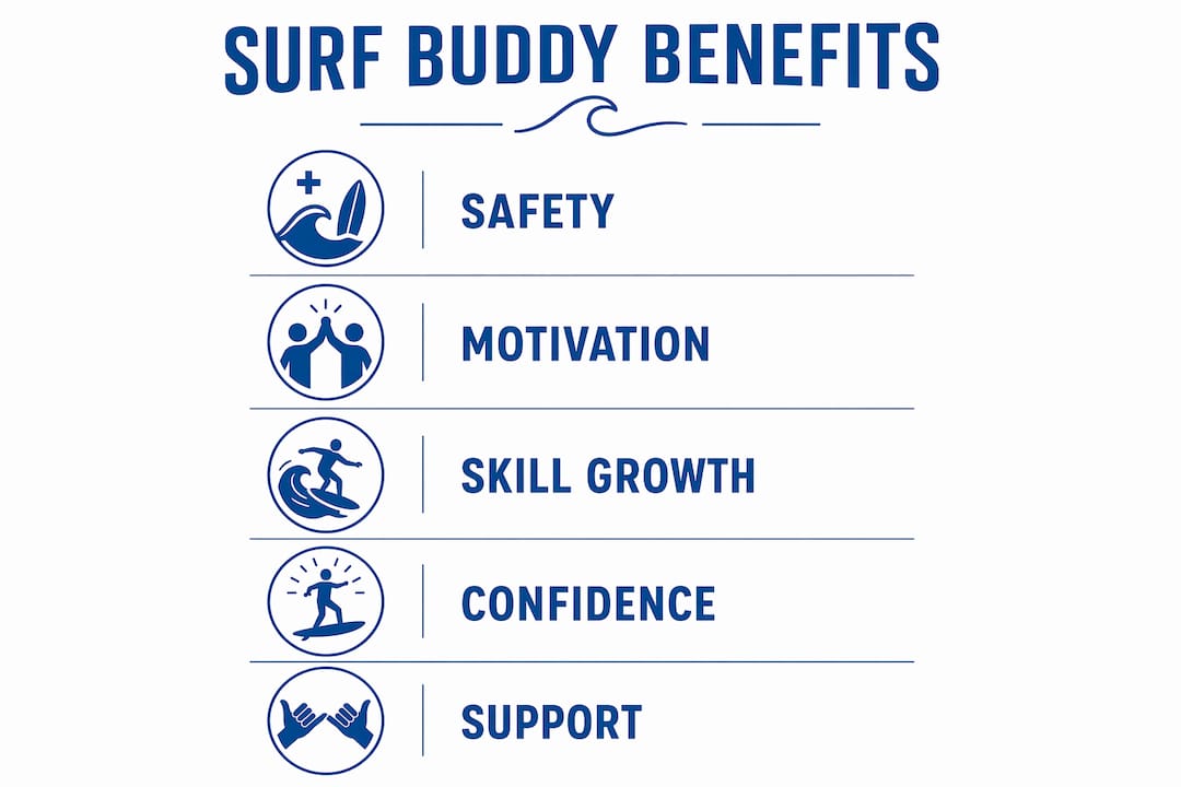 Surf Lessons Infographic showing key surfing buddy benefits