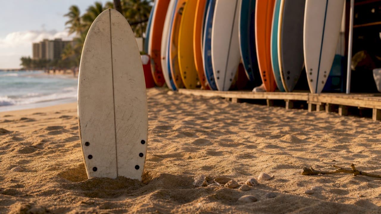 Soft-top longboard surfboard on beach