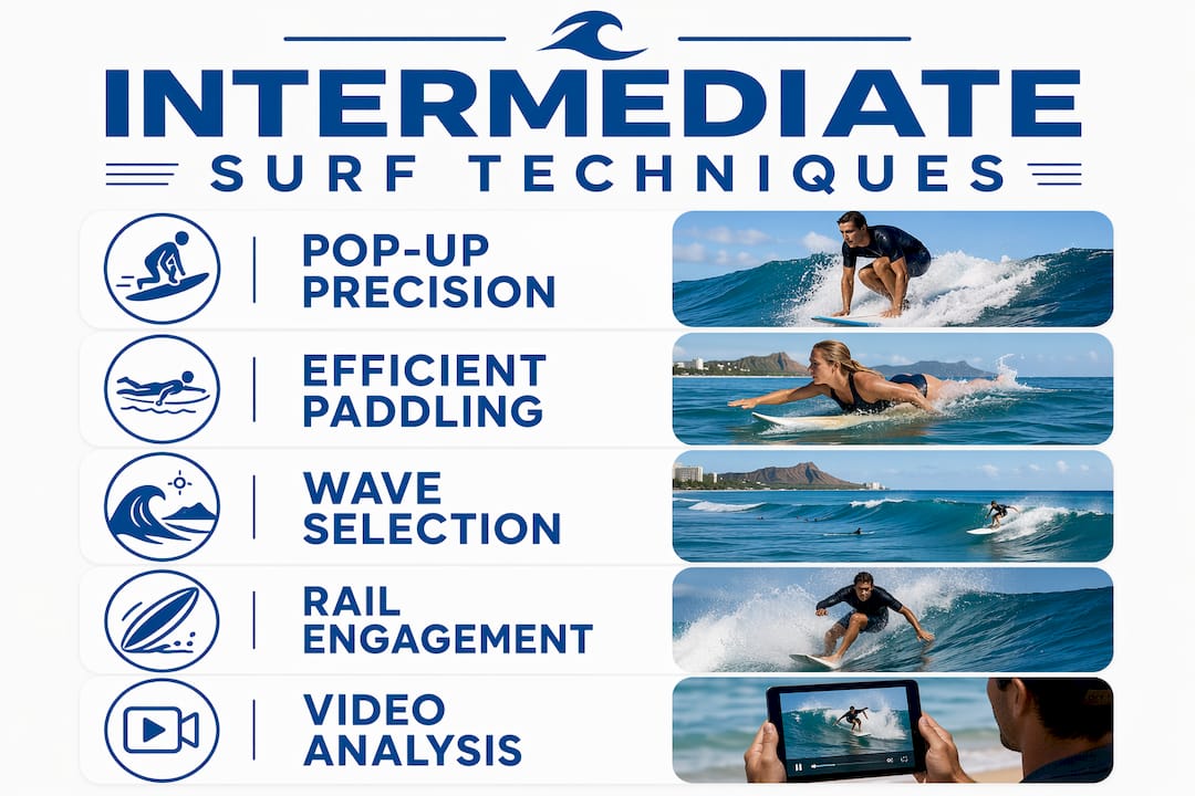 Infographic showing key intermediate surf techniques in steps