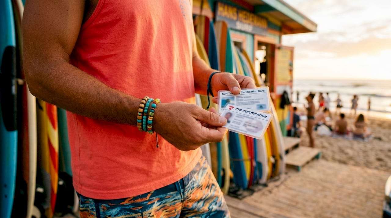Surf instructor holding certification and CPR badges