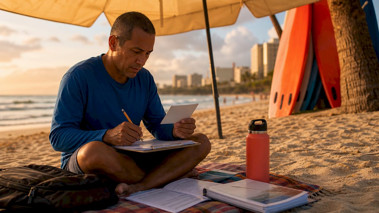 Surf instructor reviewing certification documents