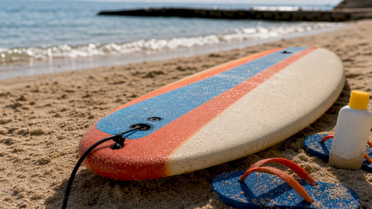 Close-up of soft-top foam surfboard on wooden deck