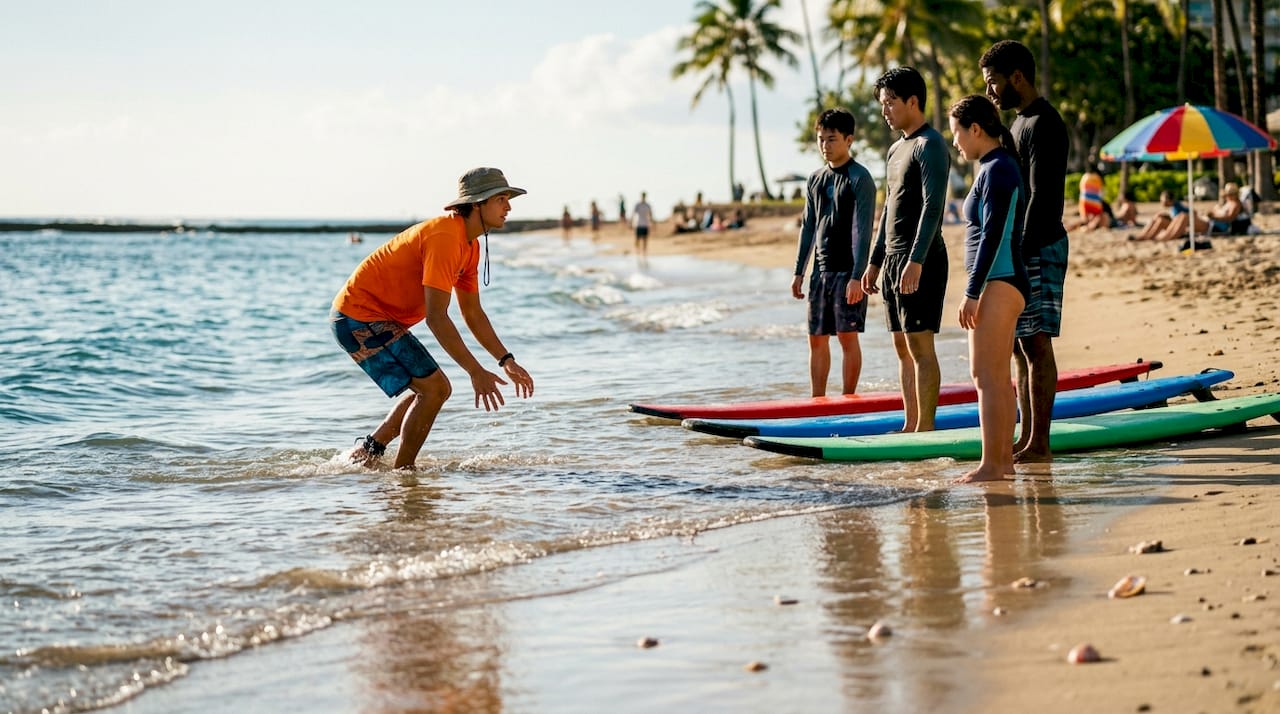 Surf Lessons Surf instructor explains offshore winds on Waikiki beach