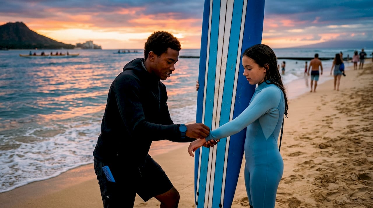 Instructor fitting wetsuit and surfboard for student