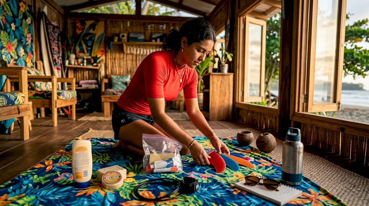 Essential surf gear laid out on beach bench