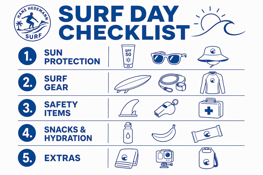 Infographic showing surf day gear checklist steps
