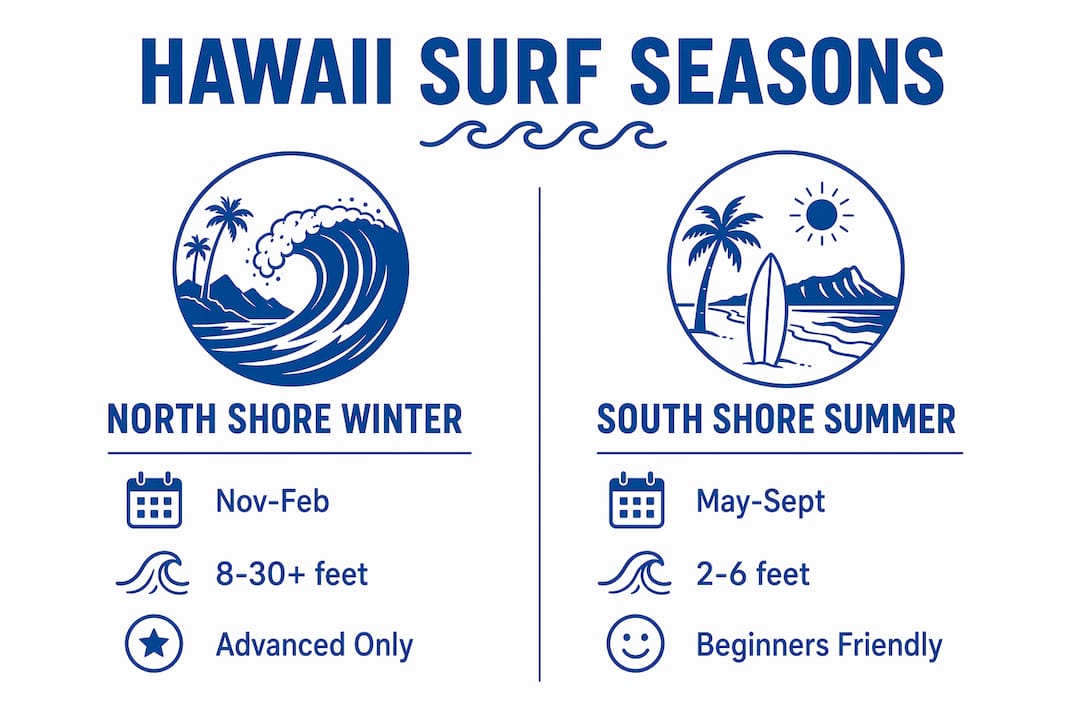 Infographic comparing North Shore winter and South Shore summer surf seasons