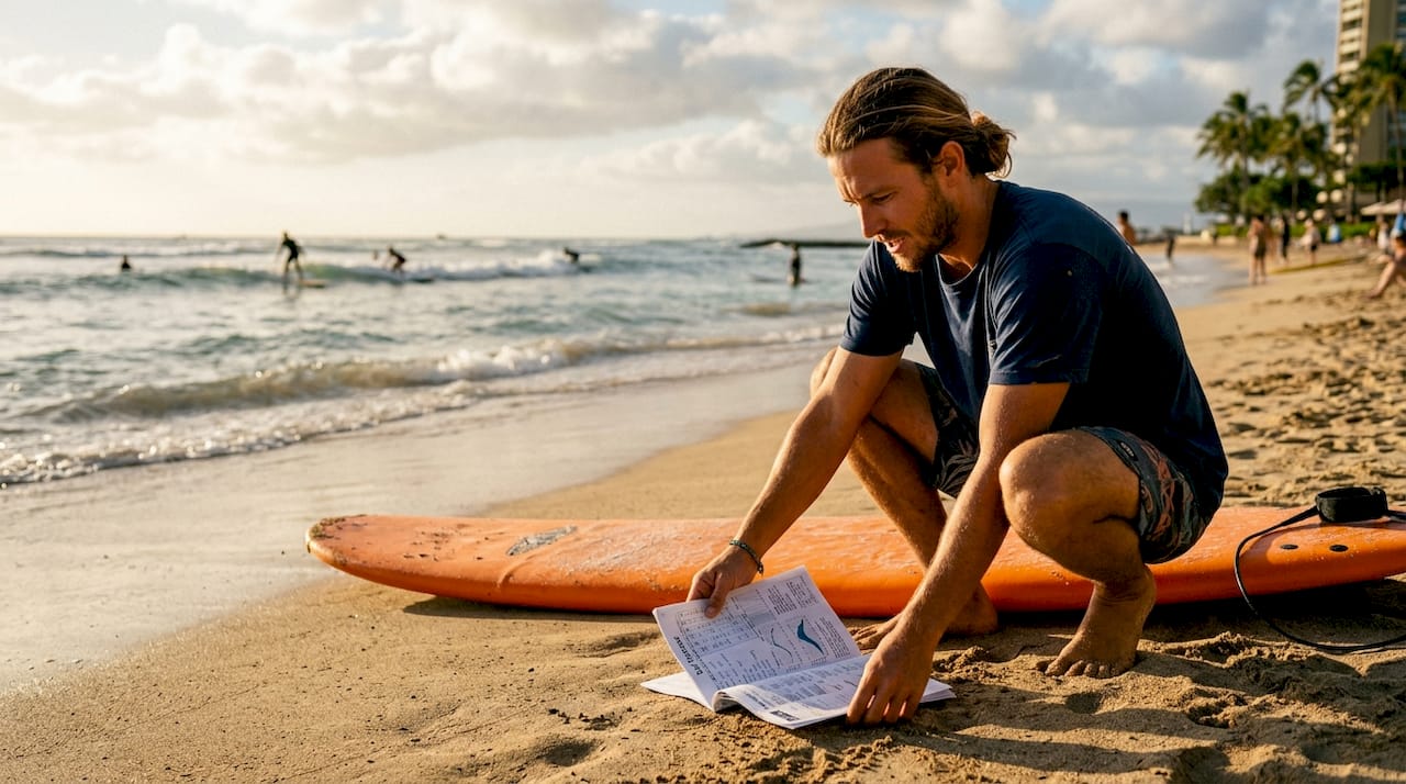 Surf instructor explaining forecast metrics by hands