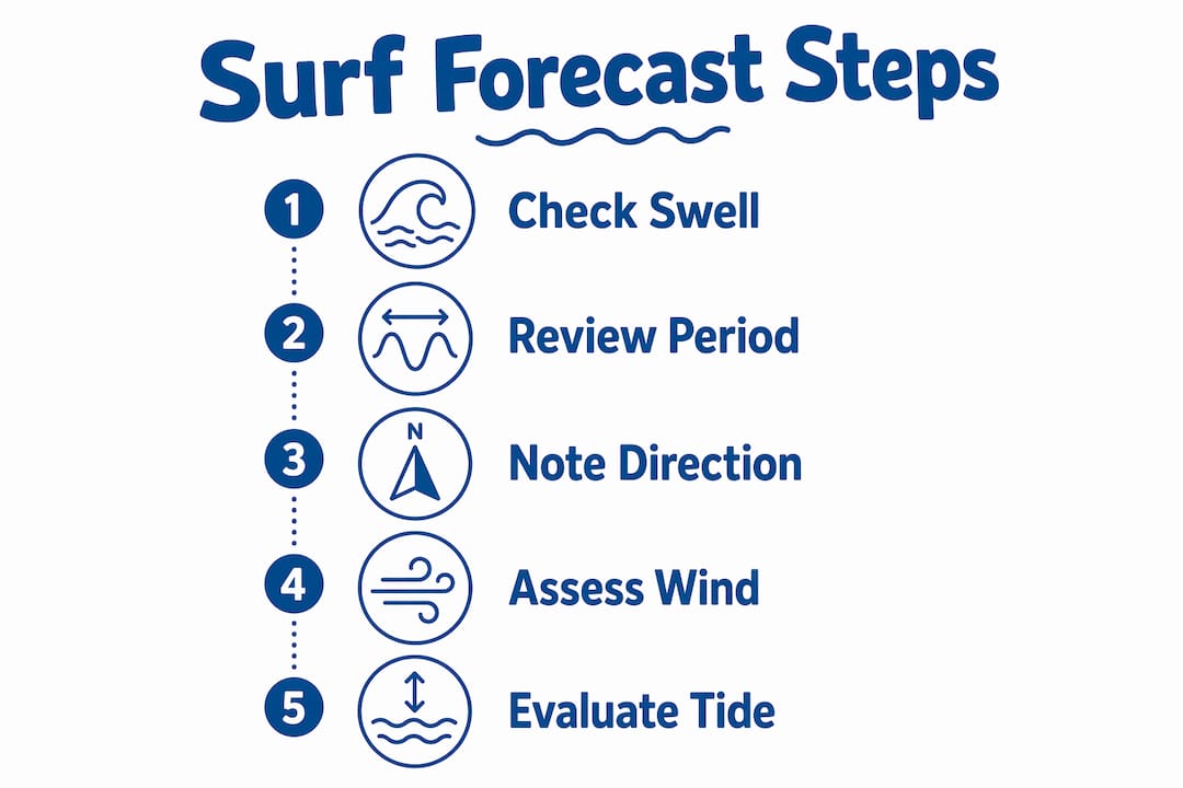 Infographic showing five key surf forecast steps