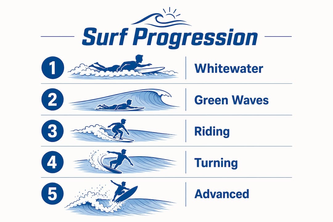 Infographic showing stages of kids surf progression with numbered steps