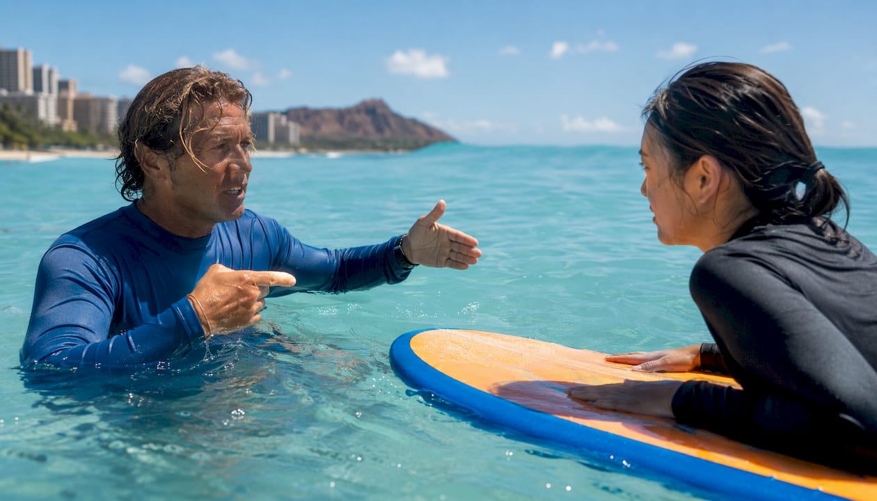 Surf instructor giving real-time in-water cues