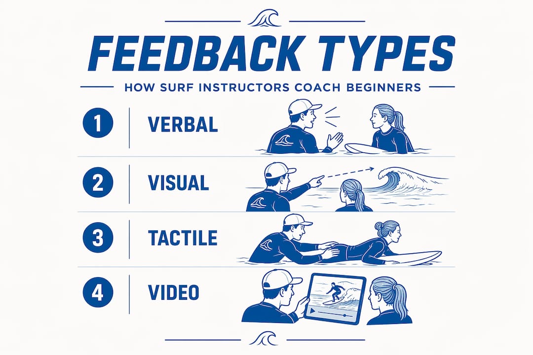 Infographic showing four surf instructor feedback types as steps