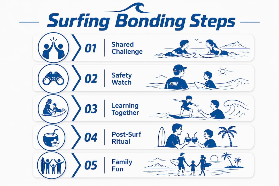 Infographic showing five steps of surfing bonding experience