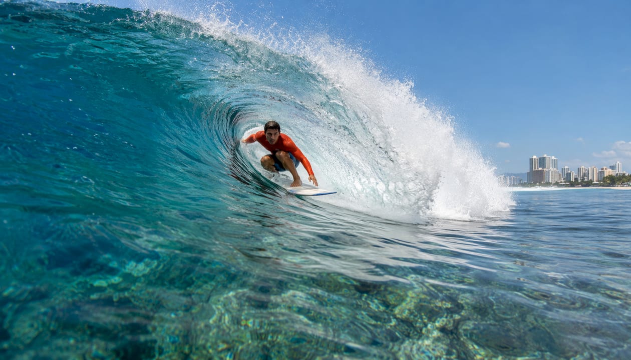 Surfer inside hollow reef break barrel wave
