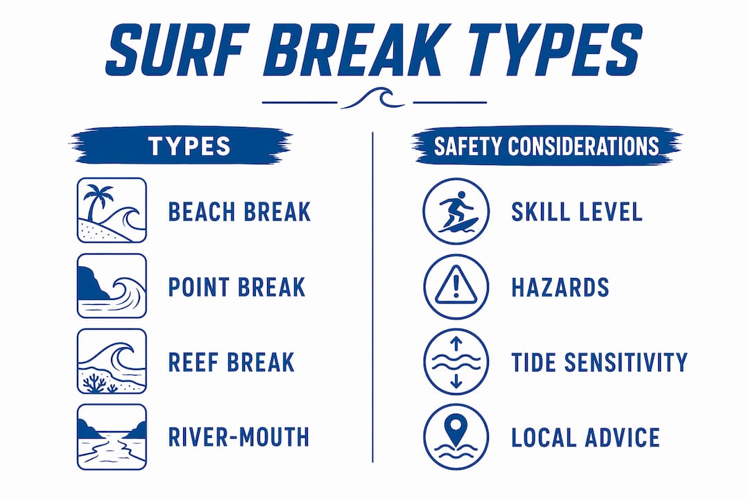 Infographic showing surf break types and safety