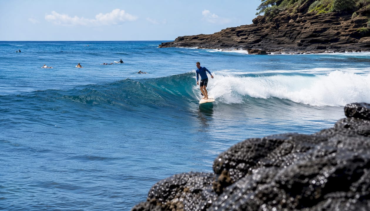 Surfer riding long wave at rocky point break