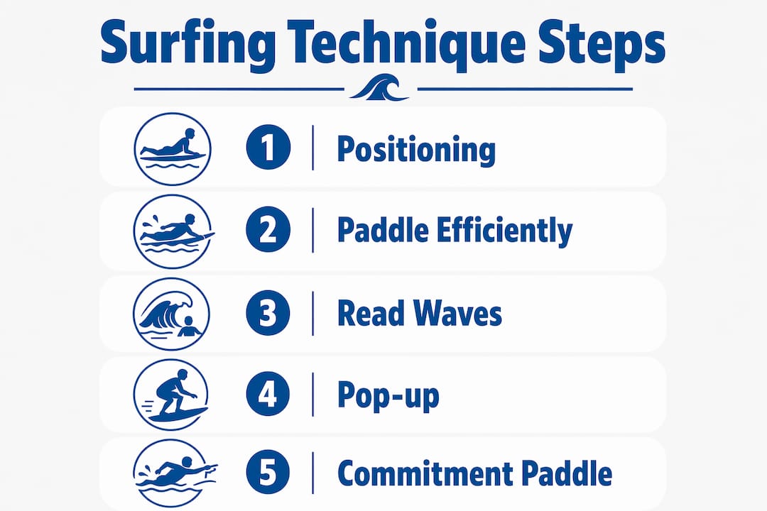 Infographic showing surfing technique steps