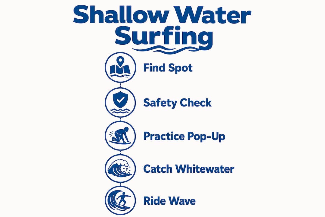 Infographic illustrating steps of shallow water surfing