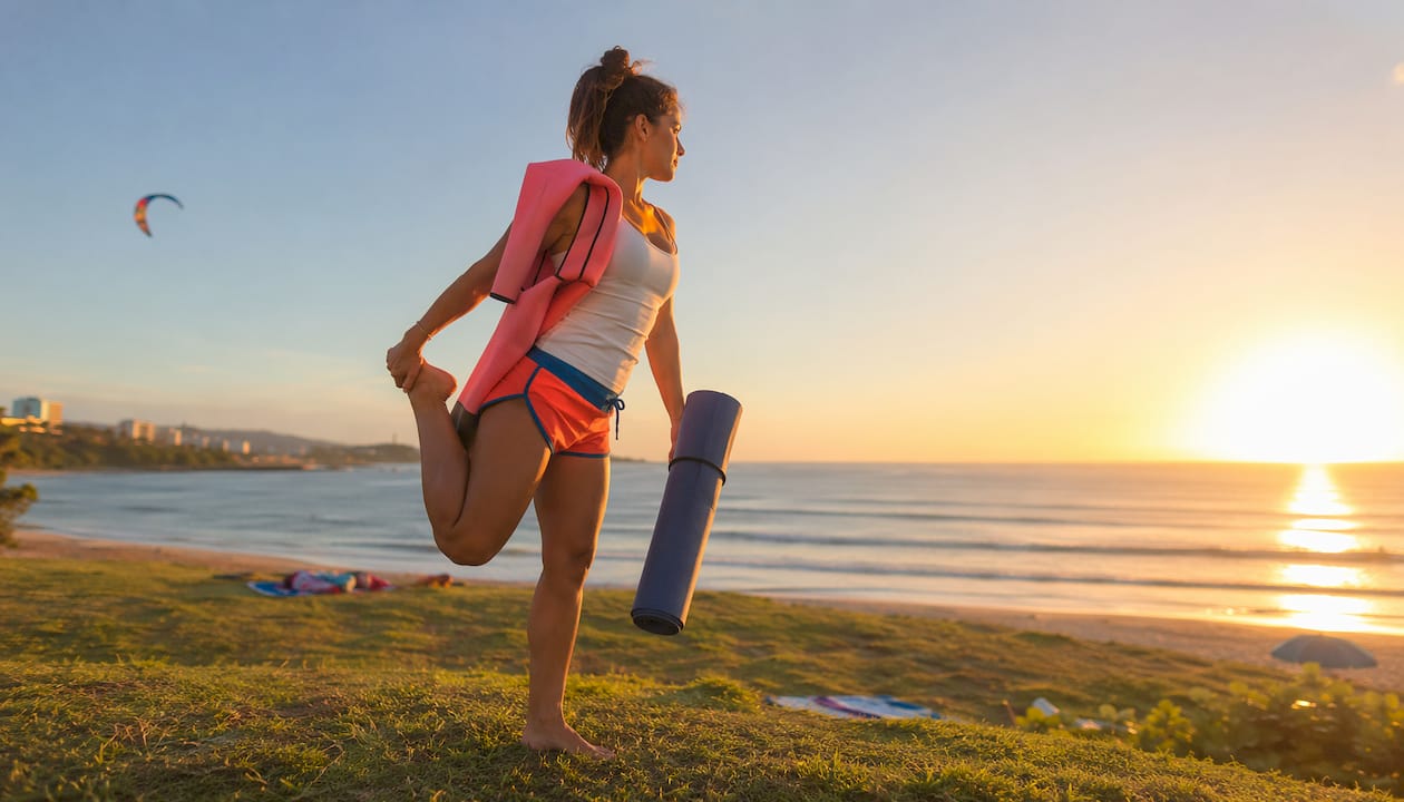 Woman stretching on deck before surfing