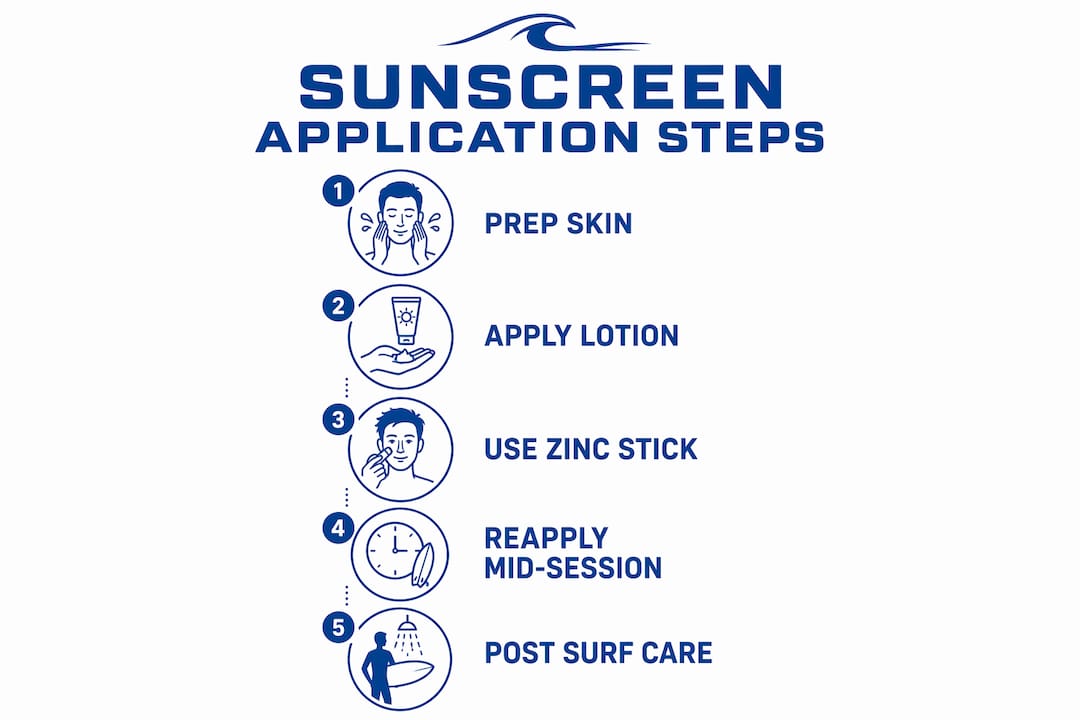 Infographic showing sunscreen application steps for surfers