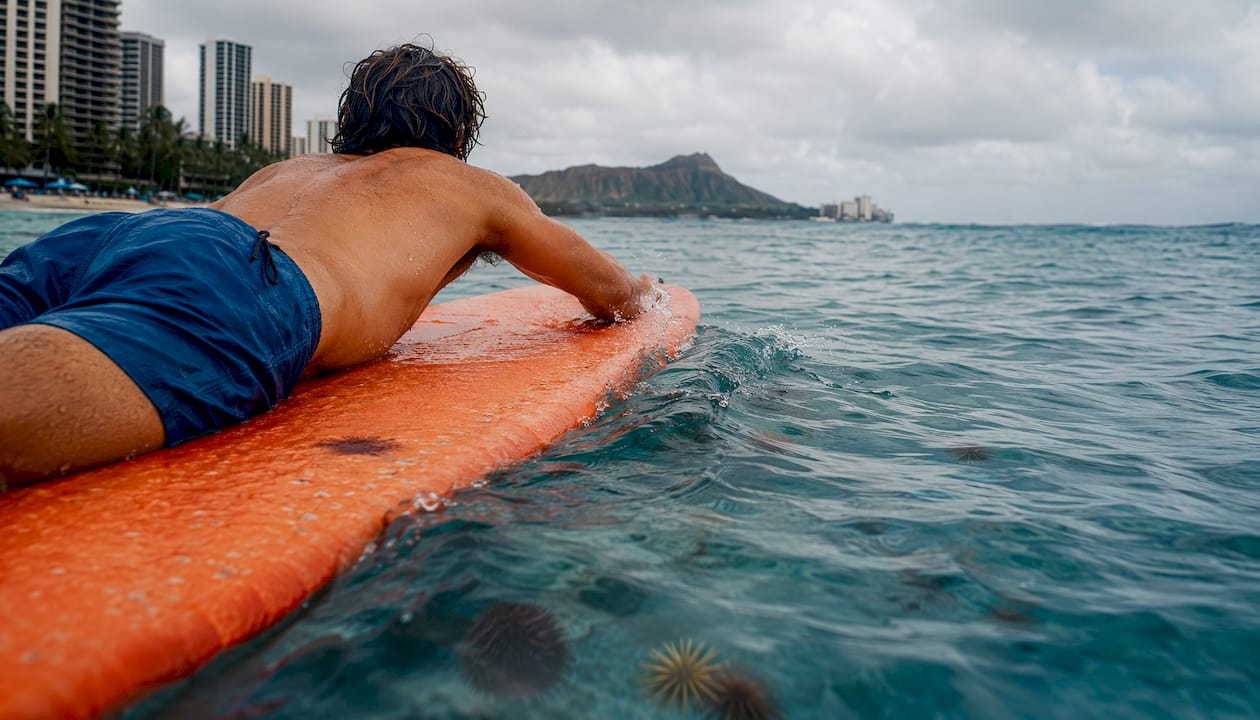 Close-up of foam surfboard with paddling surfer hands