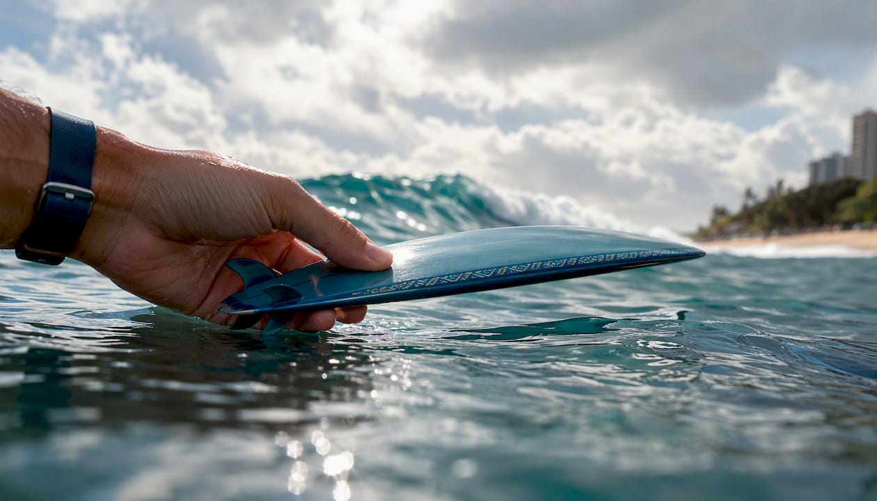 Close-up of hand holding surfboard model over breaking wave