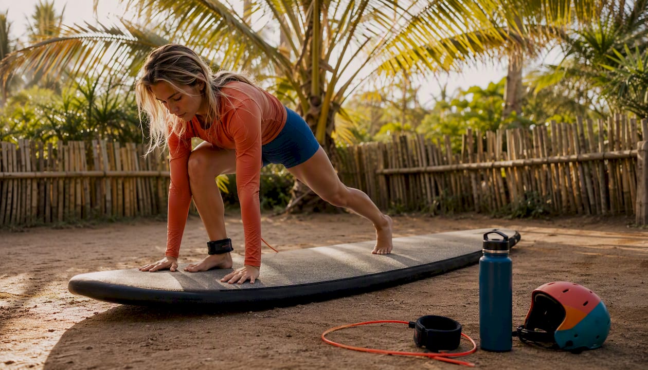 Woman practicing surf pop-up on foam mat outdoors