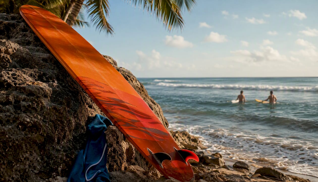 Classic noserider surfboard on beach near waves