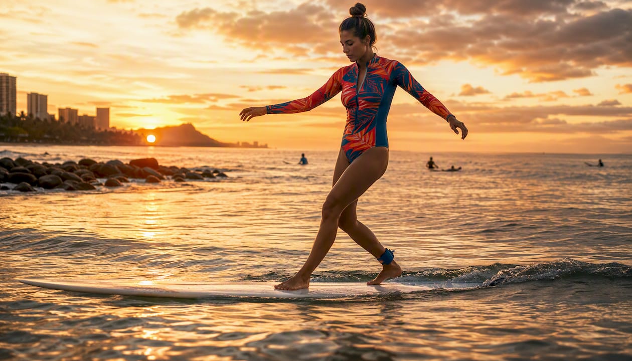Female surfer cross-stepping on longboard nose