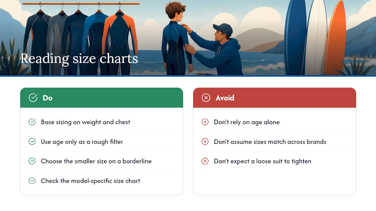 Diagram explaining kids wetsuit size chart reading