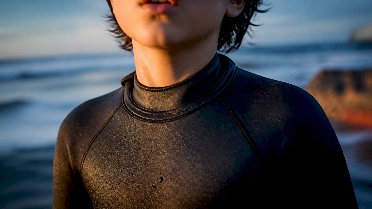 Close-up of wetsuit neck and torso fit