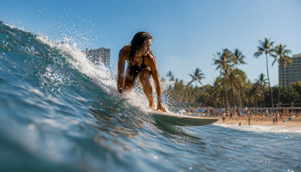 Surfer angled takeoff on wave face