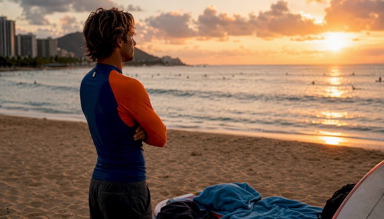 Surf instructor observing tide and wind conditions