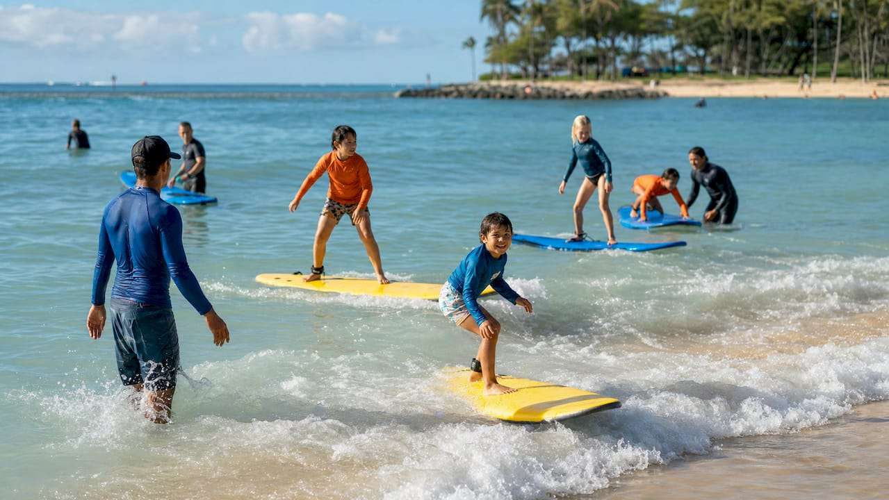 Family learning to surf together at Waikiki beach
